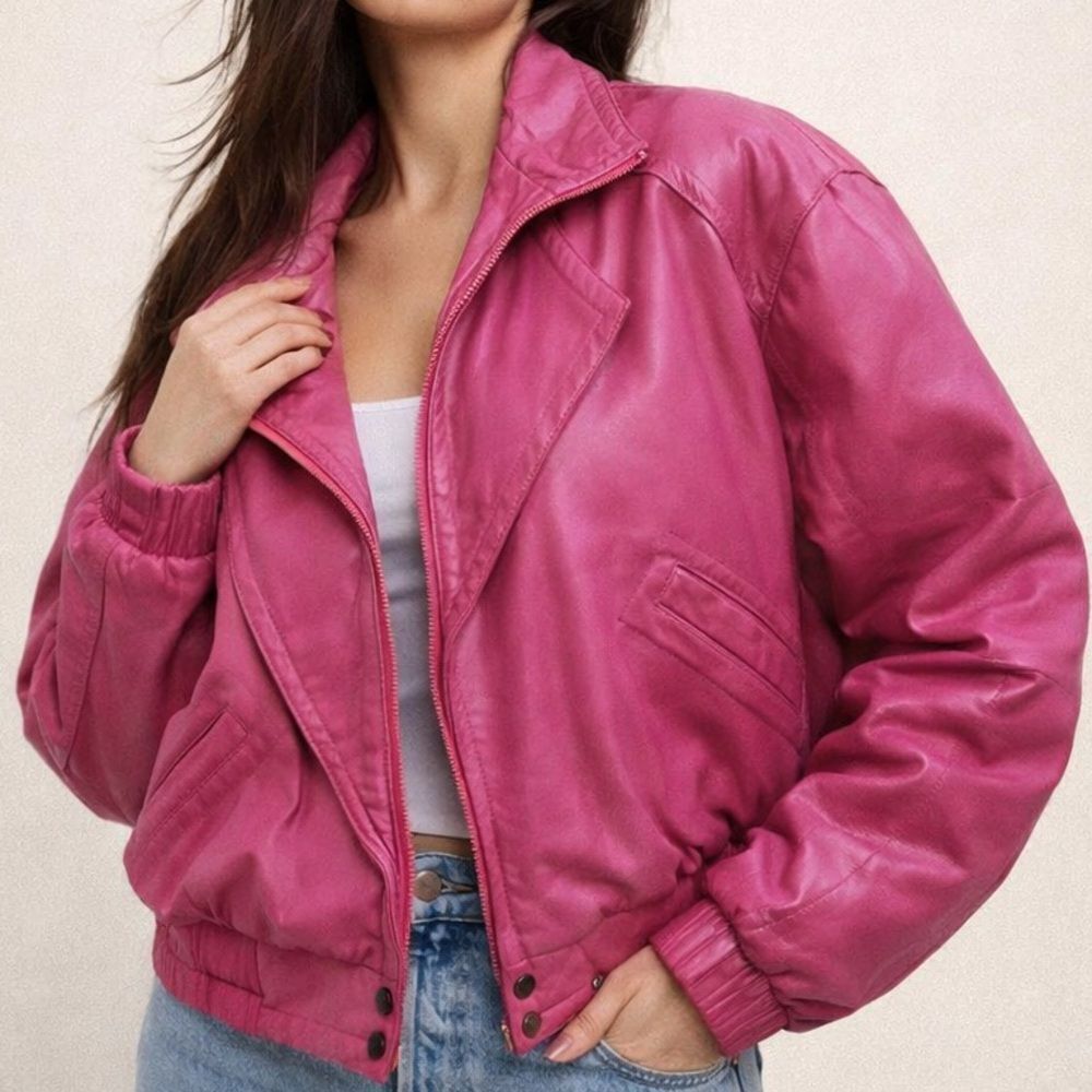 Overland Outfitters Vintage Hot Pink Leather Bomber Top Jacket